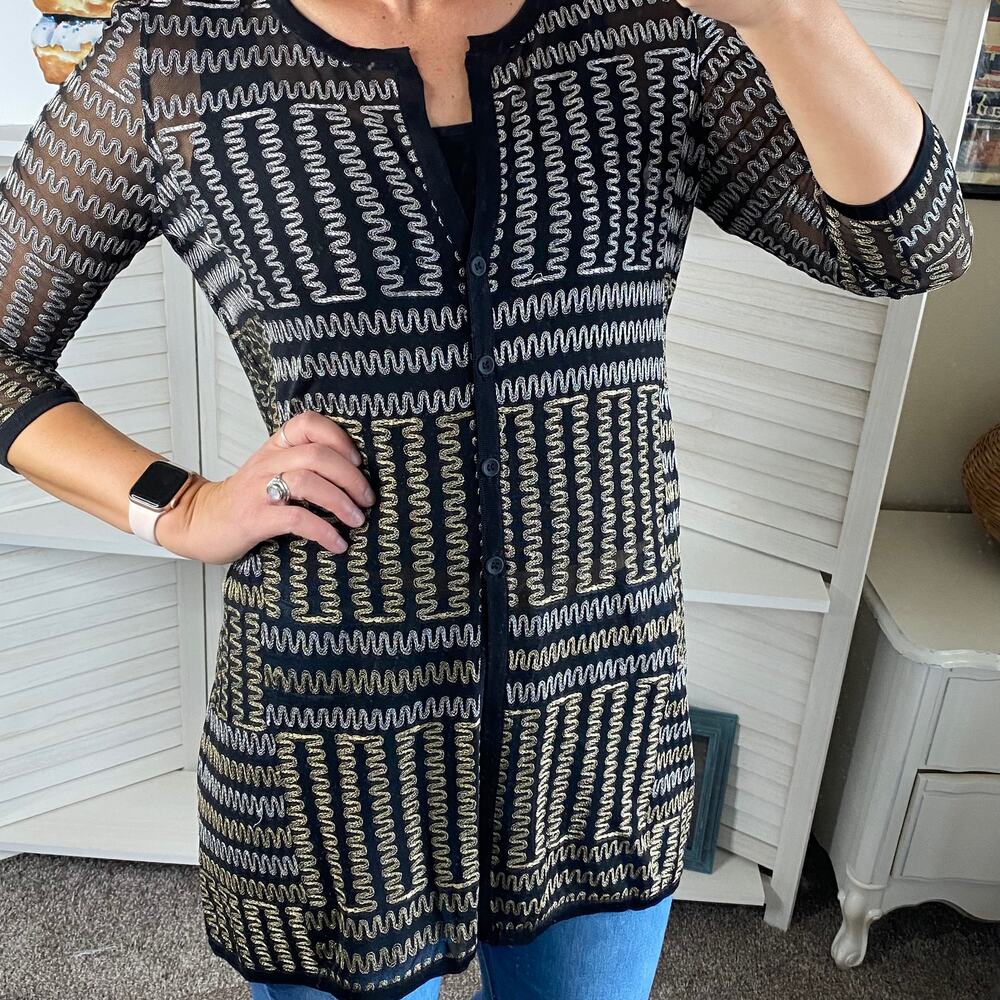 Peck & Peck black embroidered semi sheer tunic top